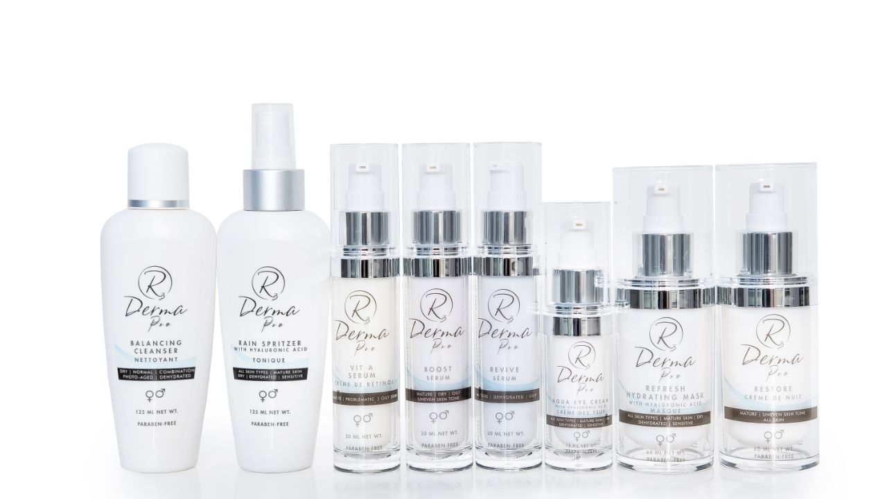 R3 Derma Pro skincare products neatly lined up on display